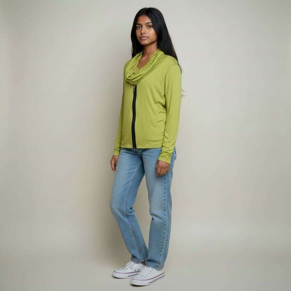 Comfy USA Bright Apple Green Zip Up Front Cowl Neck Long Sleeve Top XL Modal